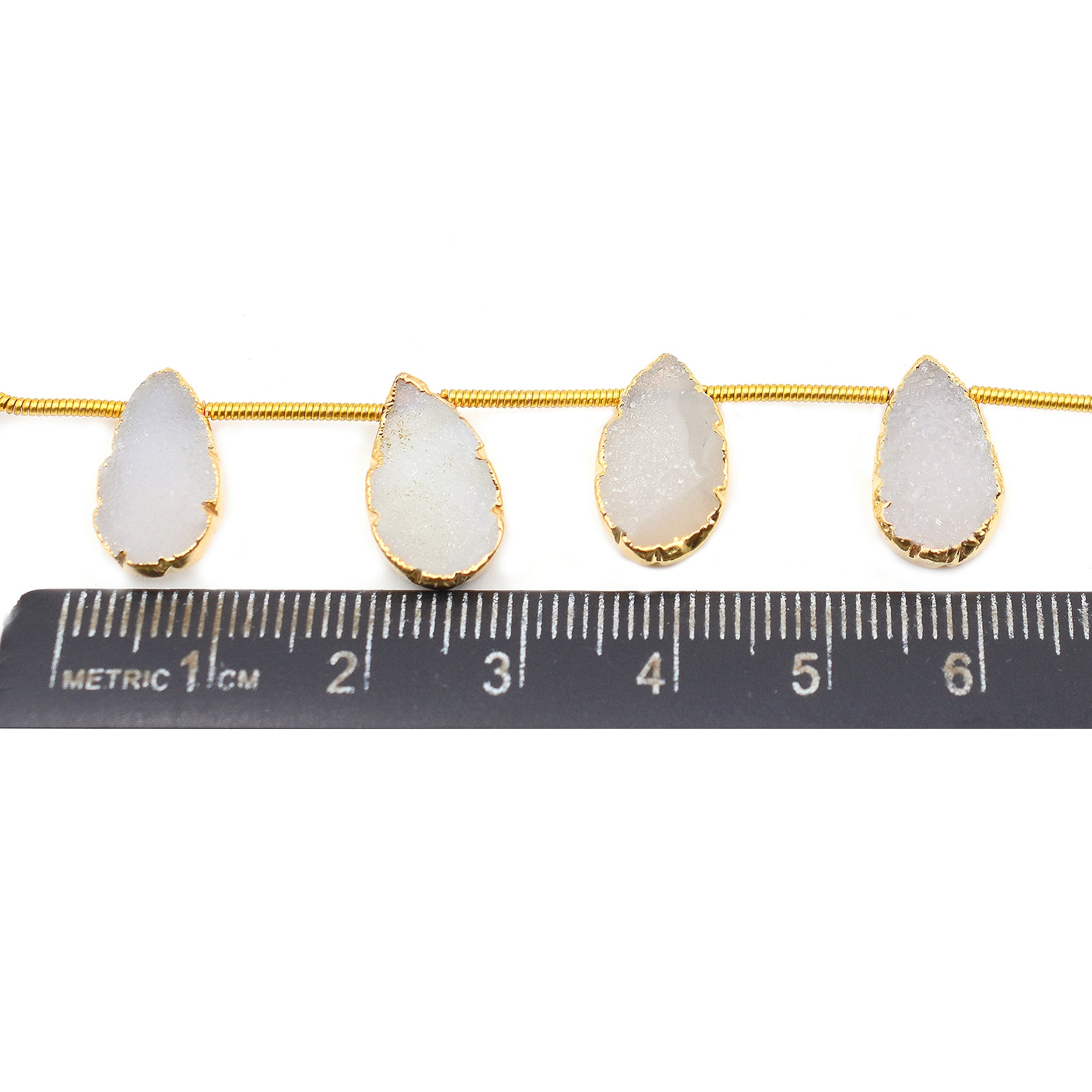 White Druzy 12X7 MM Pear Shape Side Drilled Gold Electroplated Strand