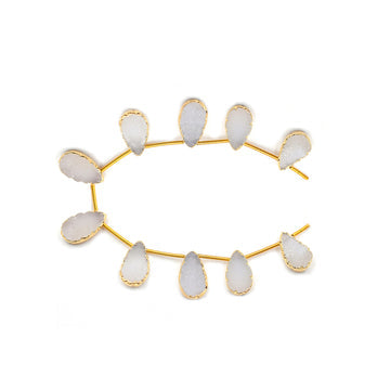 White Druzy 12X7 MM Pear Shape Side Drilled Gold Electroplated Strand