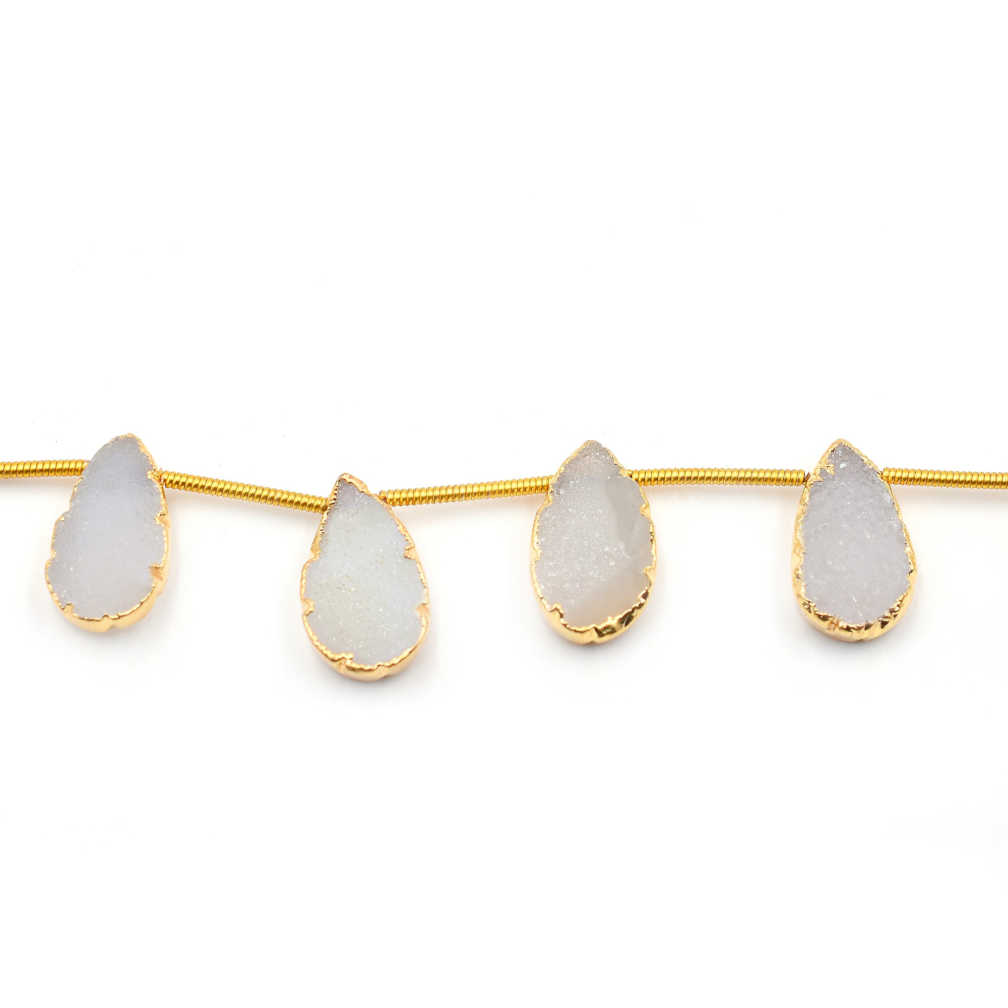 White Druzy 12X7 MM Pear Shape Side Drilled Gold Electroplated Strand
