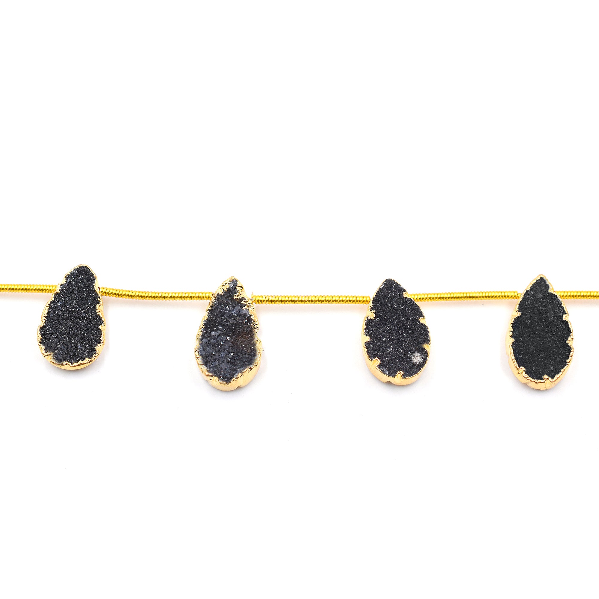 Black Druzy 13X6 MM Pear Shape Side Drilled Gold Electroplated Strand
