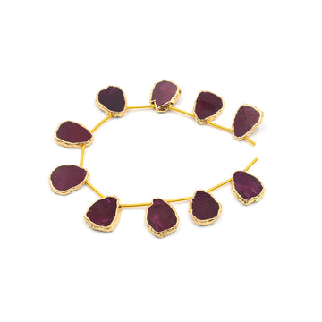 Ruby Corundum Uneven Shape Side Drilled Gold Electroplated Strand