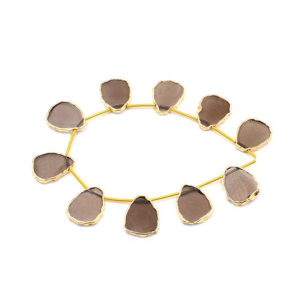 Smoky Quartz 15X11 MM Uneven Shape Side Drilled Gold Electroplated Strand