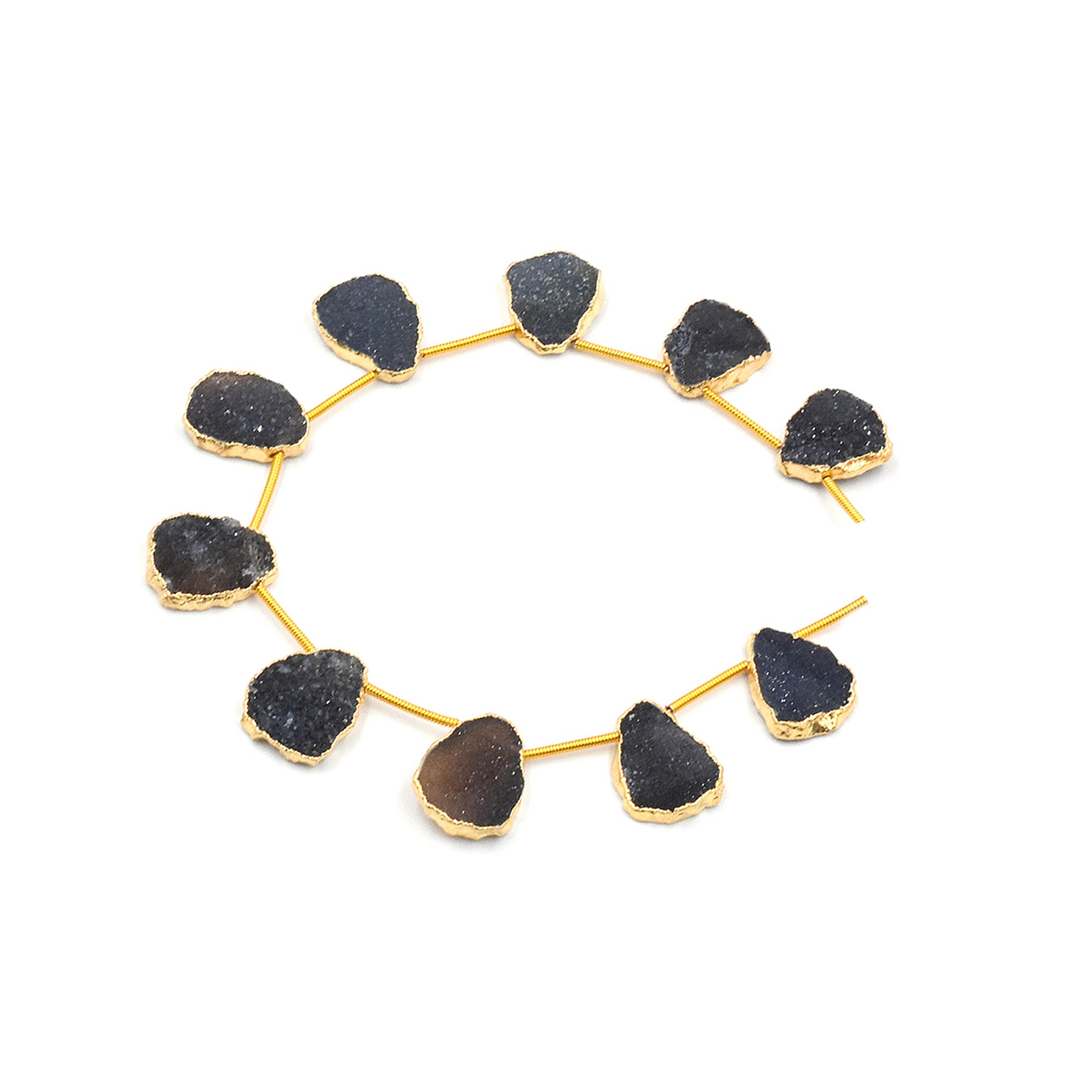 Black Druzy 15X11 MM Uneven Shape Side Drilled Gold Electroplated Strand