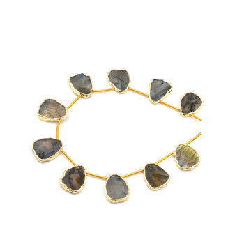 Labradorite 15X11 MM Uneven Shape Side Drilled Gold Electroplated Strand