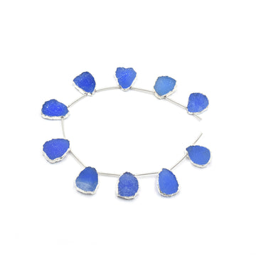 Blue Druzy 15X11 MM Uneven Shape Side Drilled Rhodium Electroplated Strand