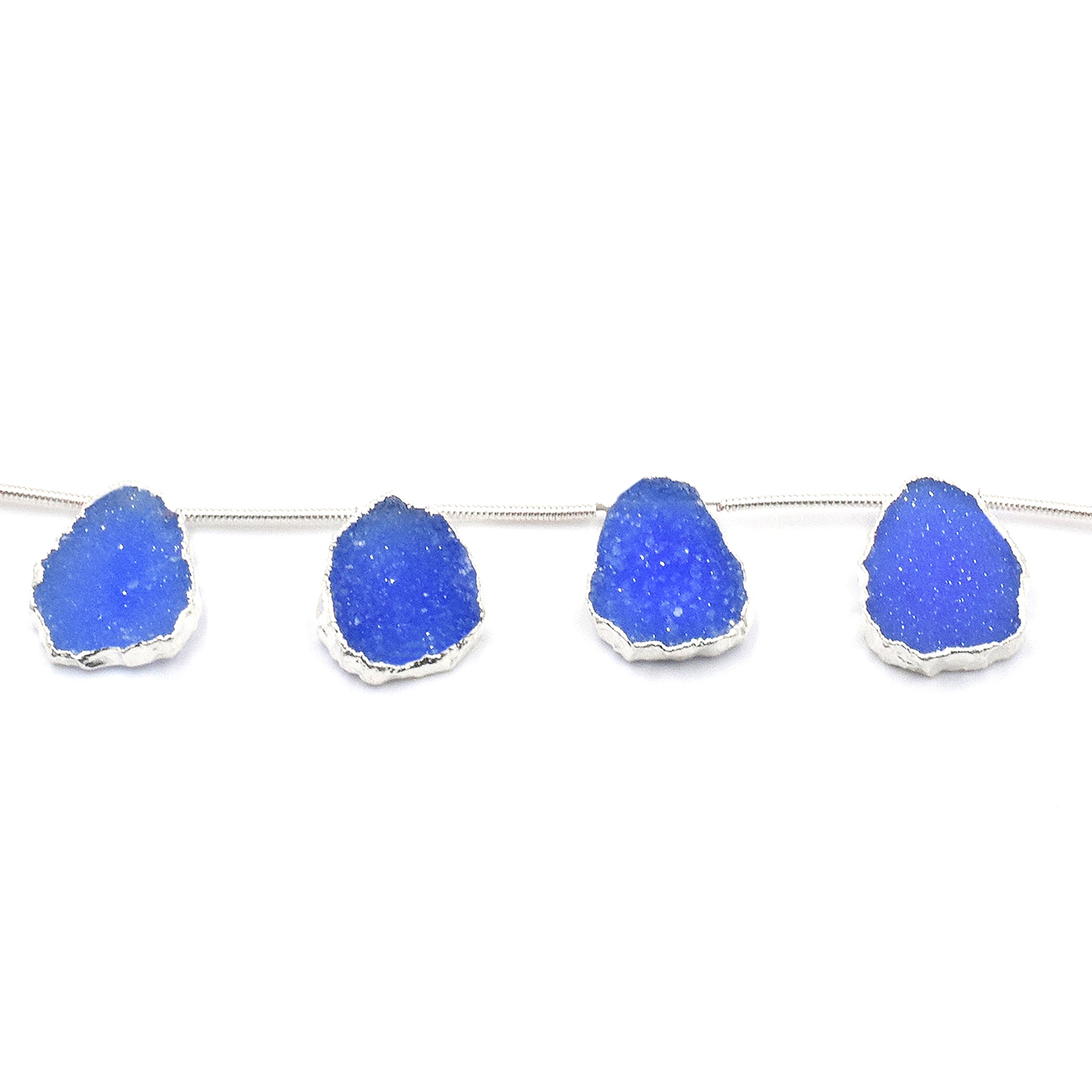 Blue Druzy 15X11 MM Uneven Shape Side Drilled Rhodium Electroplated Strand