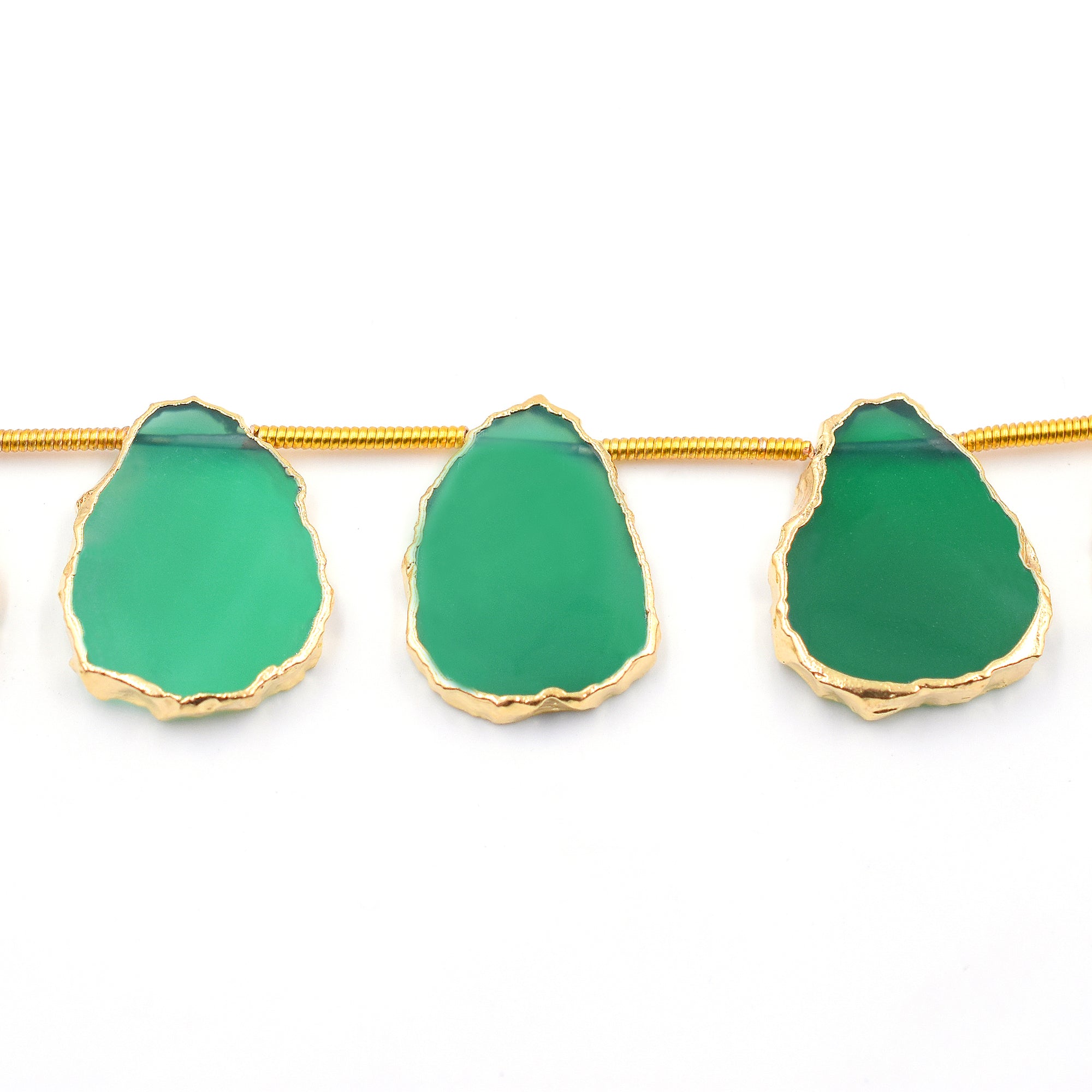 Green Onyx 15X11 MM Uneven Shape Side Drilled Gold Electroplated Strand