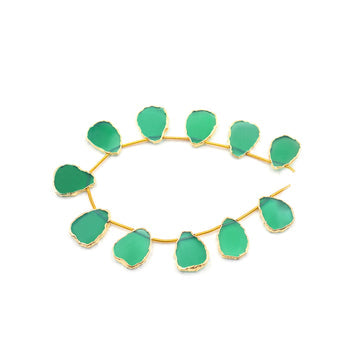 Green Onyx 15X11 MM Uneven Shape Side Drilled Gold Electroplated Strand