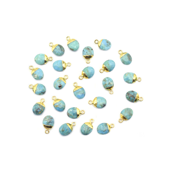 kingman Block Turquoise 10X8 MM Oval Shape Gold Electroplated Pendant (Set Of 2 Pcs)