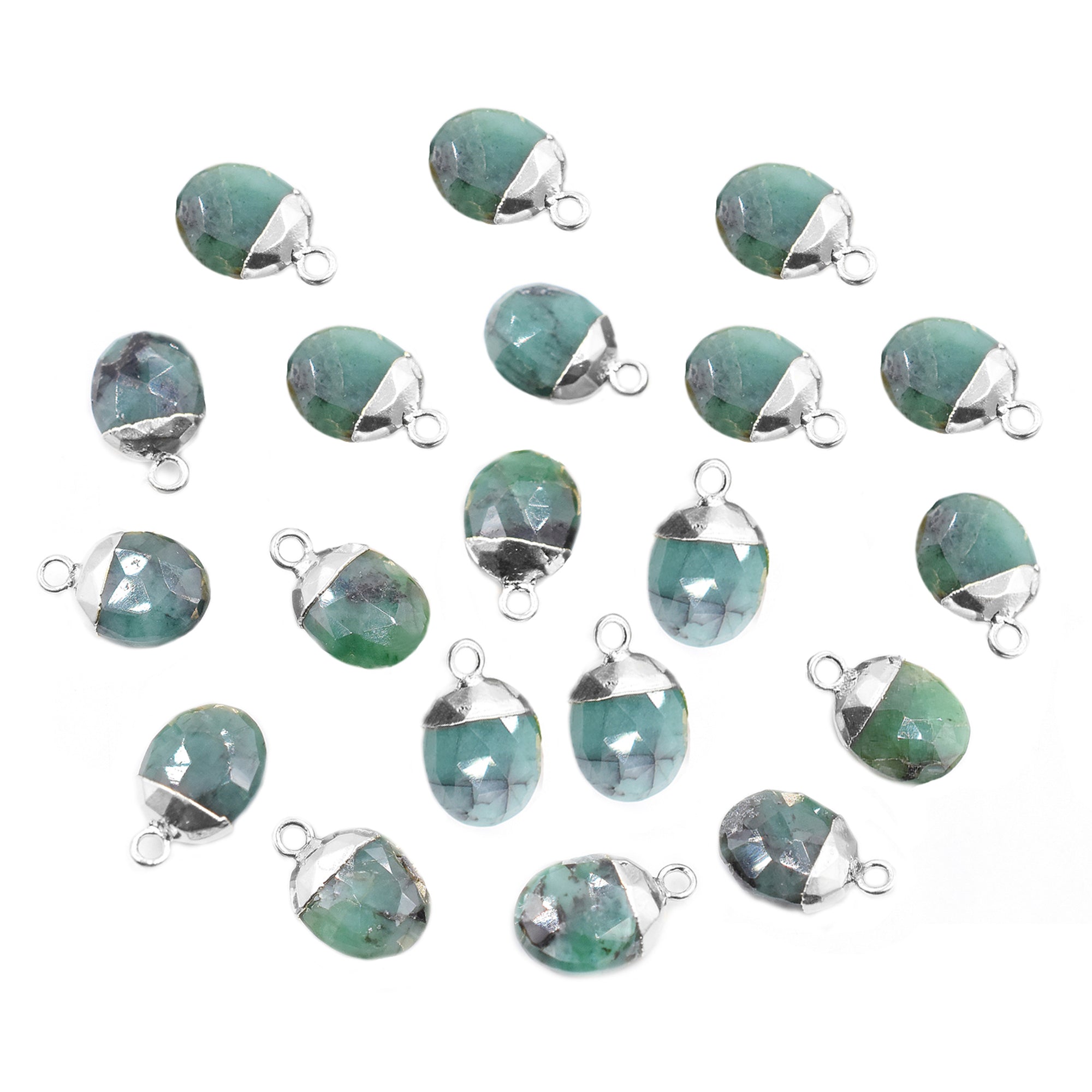 Raw Emerald 10X8 MM Oval Shape Rhodium Electroplated Pendant (Set Of 2 Pcs)