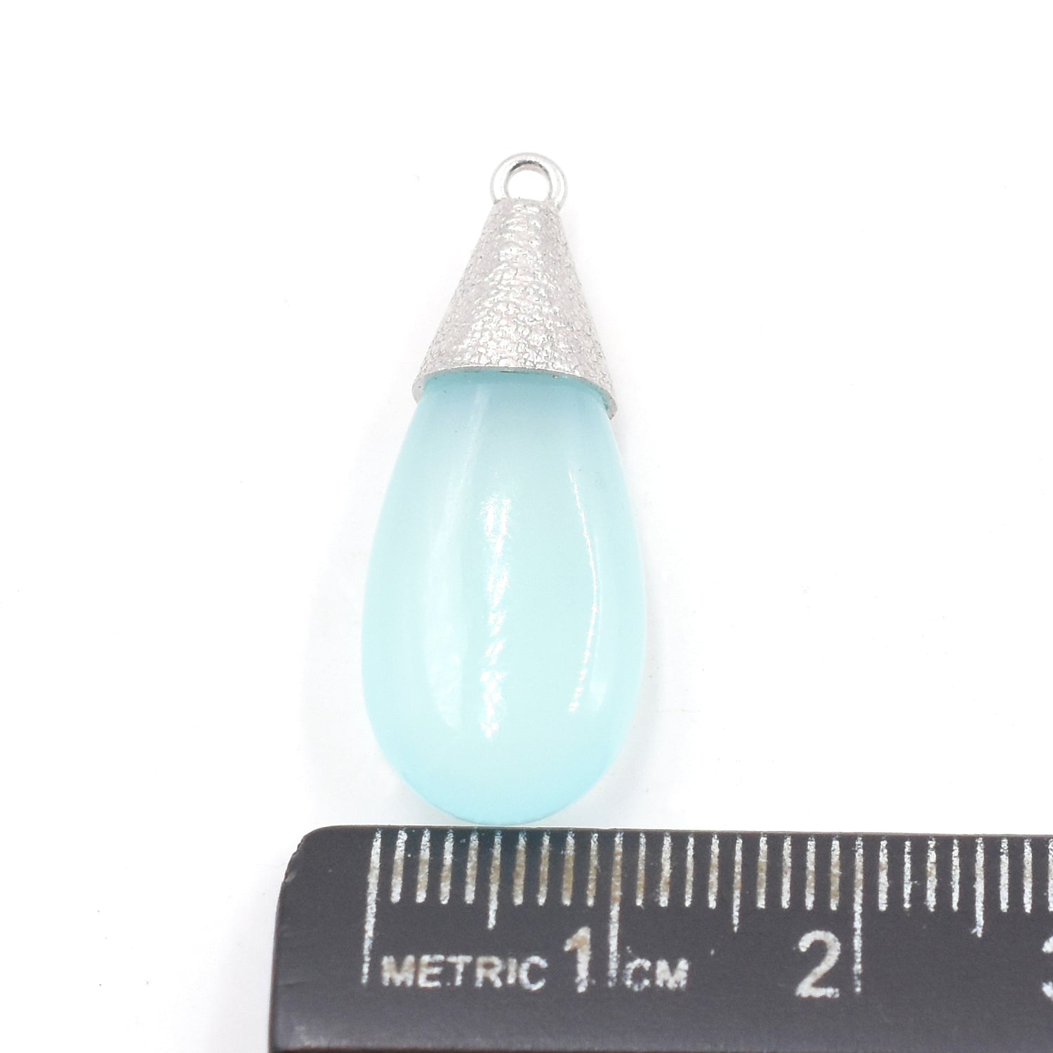Aqua Chalcedony 25X10 MM Elongated Drop Shape Silver Bezel Rhodium Plated Pendant