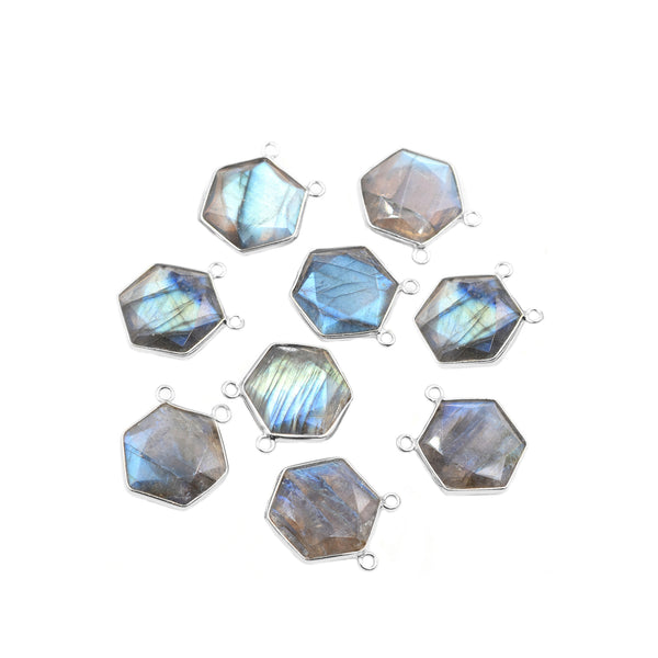 Labradorite 20X18 MM Hexagon Shape Silver Bezel Rhodium Plated Pendant