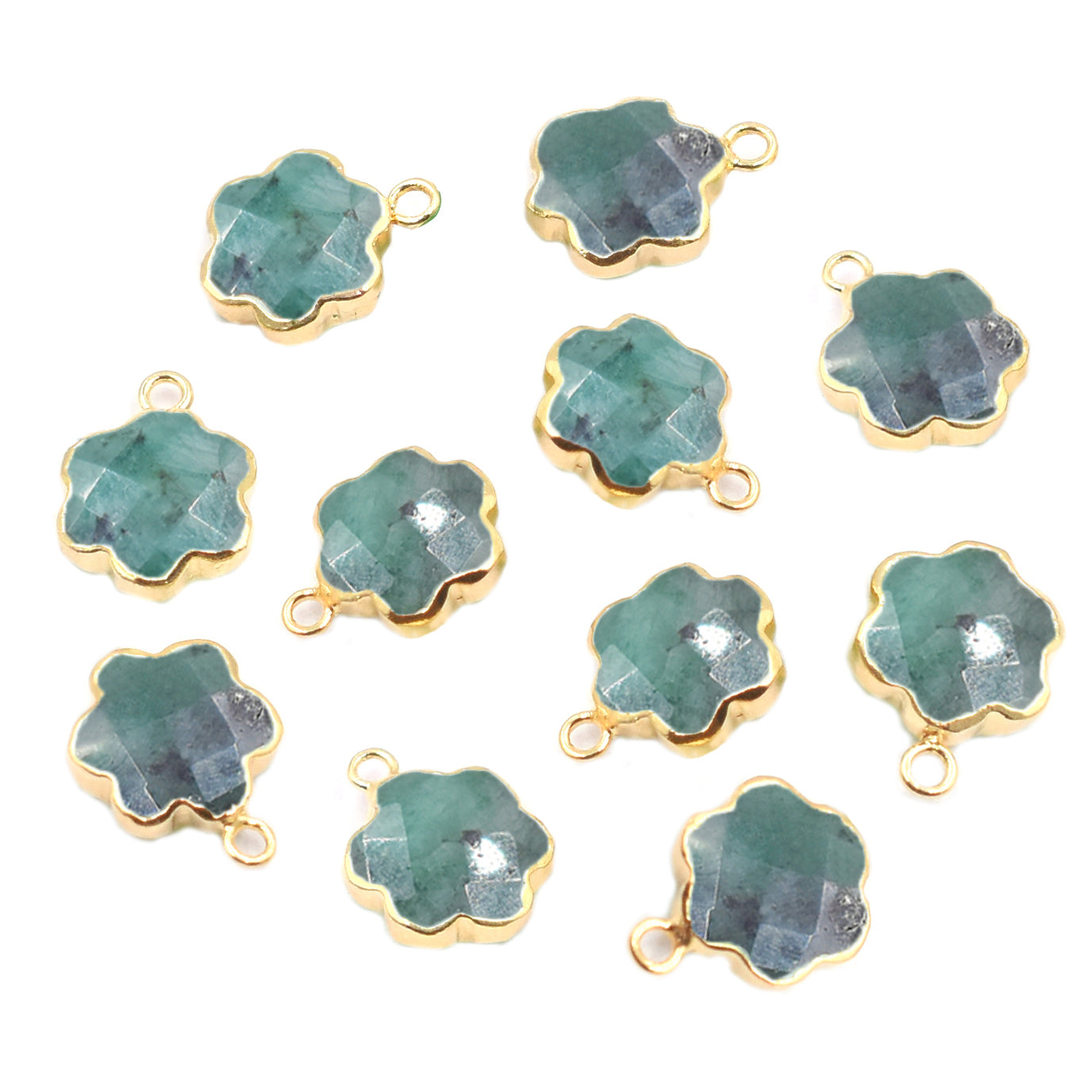 Raw Emerald 10 To 11 MM Clover Leaf Shape Gold Electroplated Pendant (Set Of 2 Pcs)