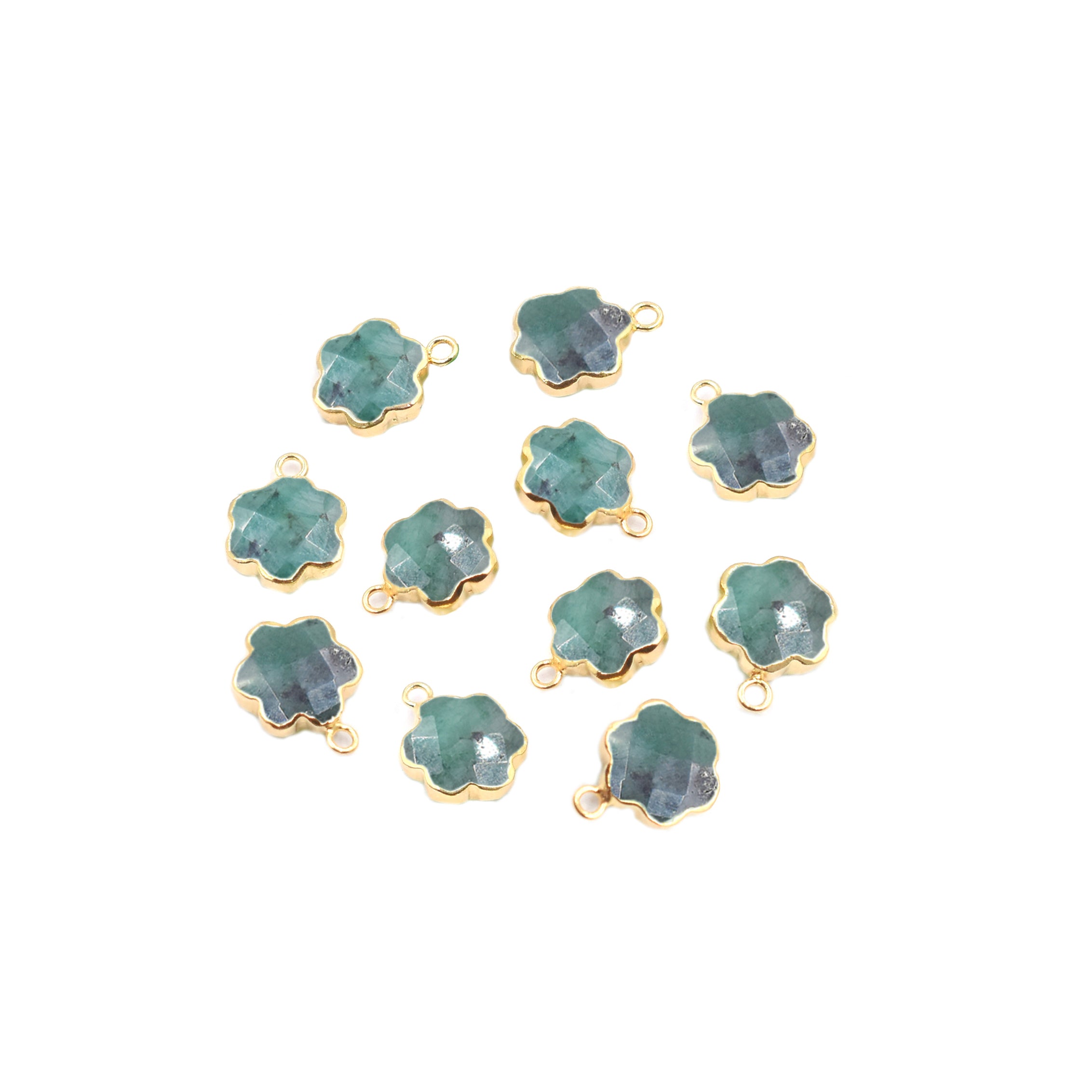 Raw Emerald 10 To 11 MM Clover Leaf Shape Gold Electroplated Pendant (Set Of 2 Pcs)