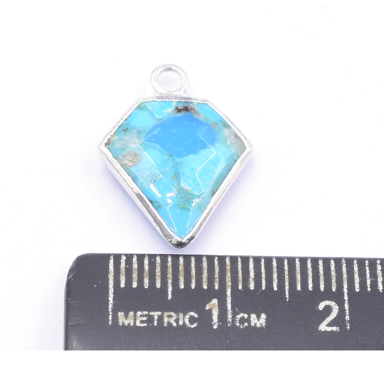 Kingman Block Turquoise 12 MM Diamond Shape Rhodium Electroplated Pendant
