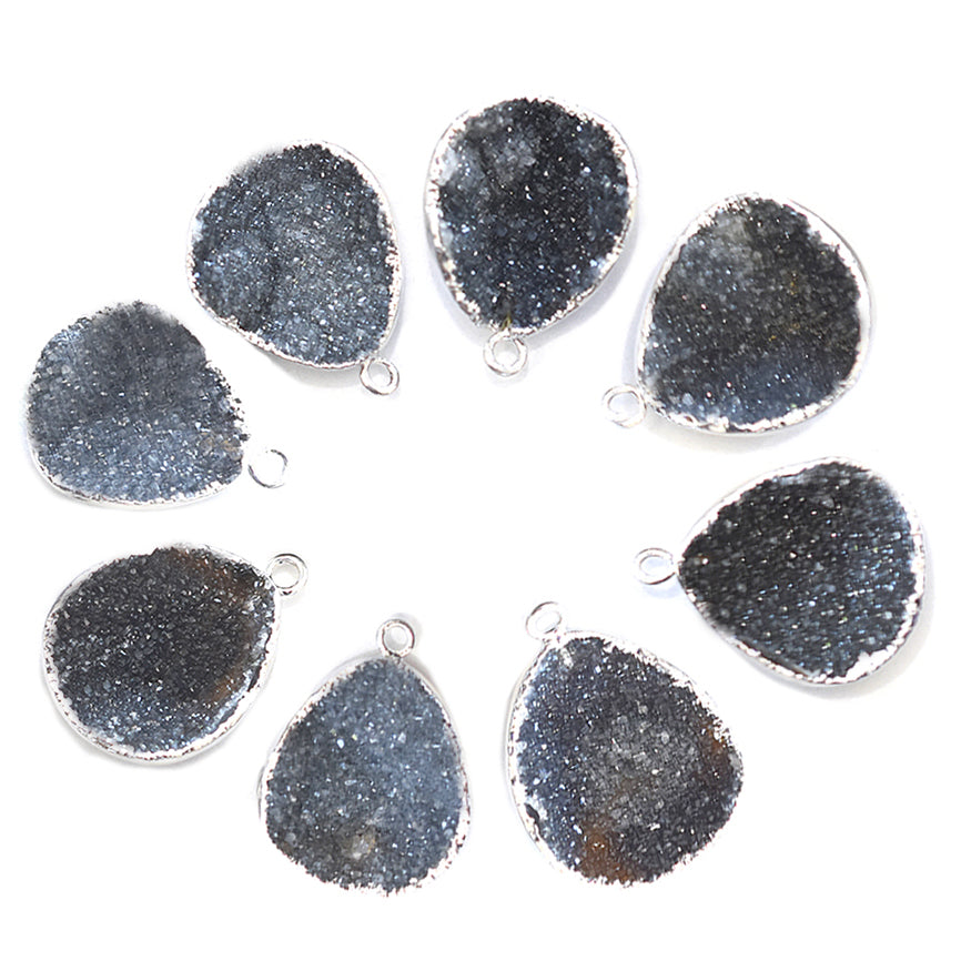 Black Druzy 15X13 MM Pear Shape Rhodium Electroplated Pendant