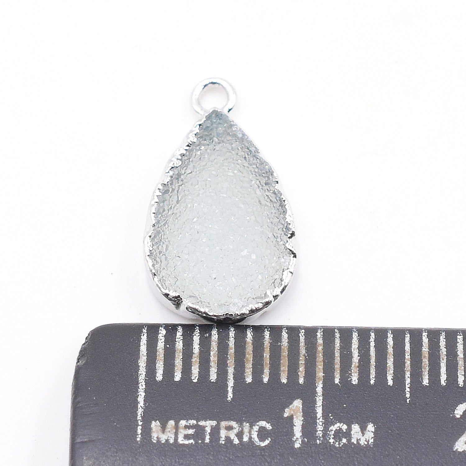 Aqua Druzy 12X9 MM Pear Shape Rhodium Electroplated Pendant (Set Of 2 Pcs)