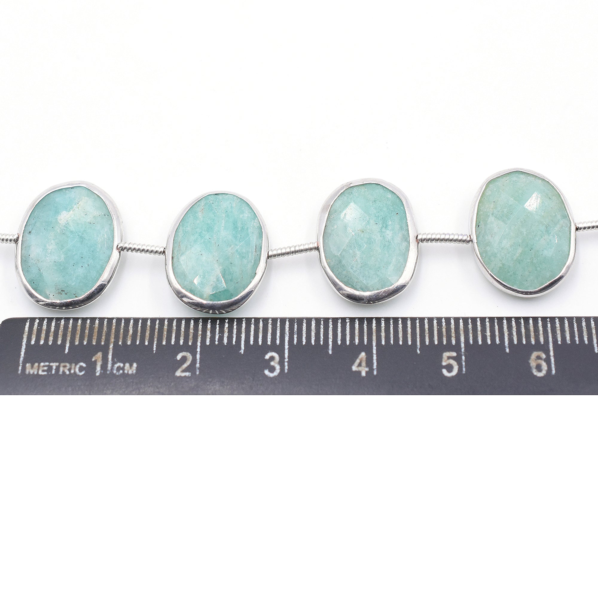 Amazonite 16X12 MM Oval Shape Silver Bezel Rhodium Plated Coin Drilled Strand