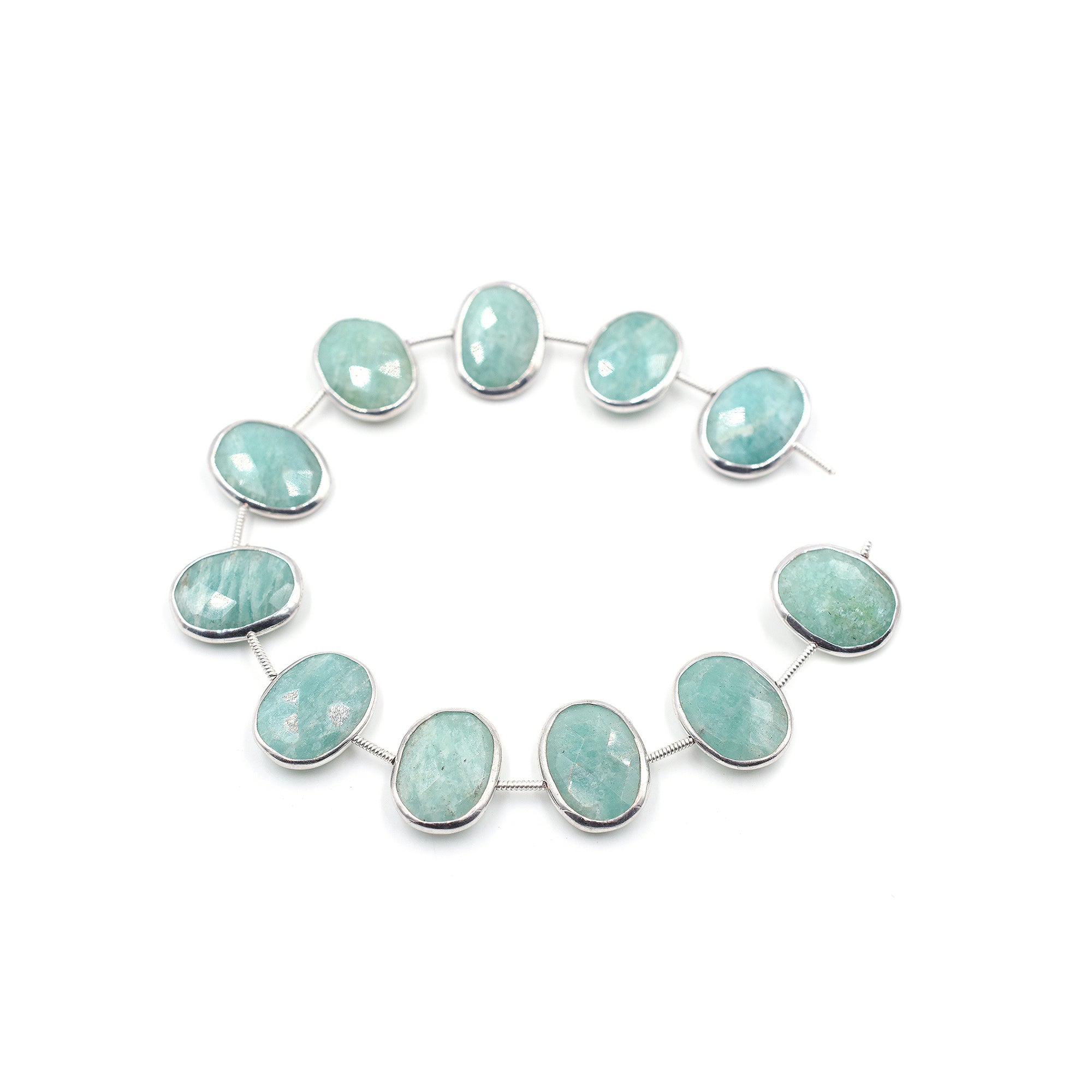 Amazonite 16X12 MM Oval Shape Silver Bezel Rhodium Plated Coin Drilled Strand