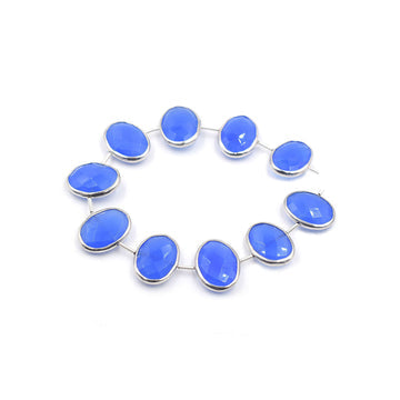 Blue Chalcedony 16X12 MM Oval Shape Silver Bezel Rhodium Plated Coin Drilled Strand