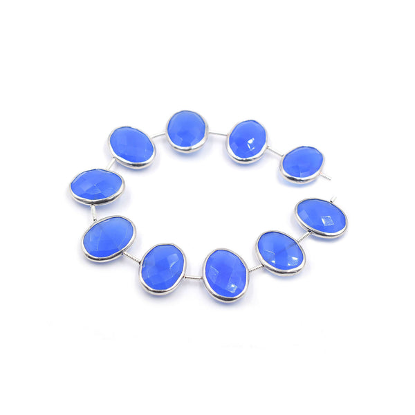 Blue Chalcedony 16X12 MM Oval Shape Silver Bezel Rhodium Plated Coin Drilled Strand