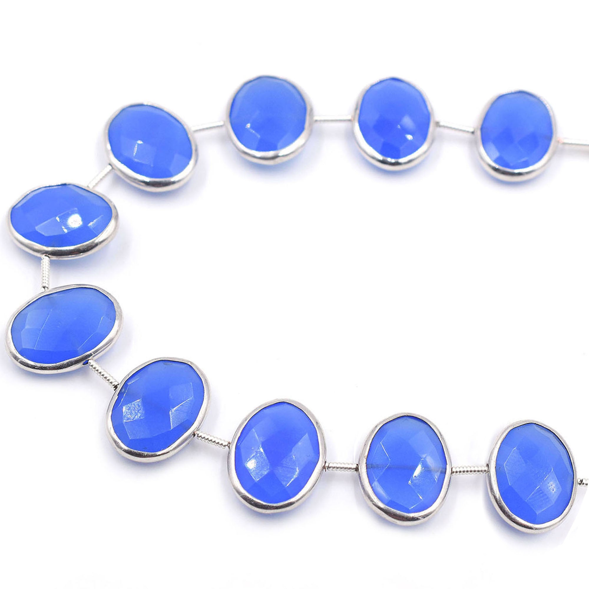 Blue Chalcedony 16X12 MM Oval Shape Silver Bezel Rhodium Plated Coin Drilled Strand