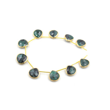 Raw Emerald 13 MM Heart Shape Silver Bezel Vermeil Side Drilled Strand