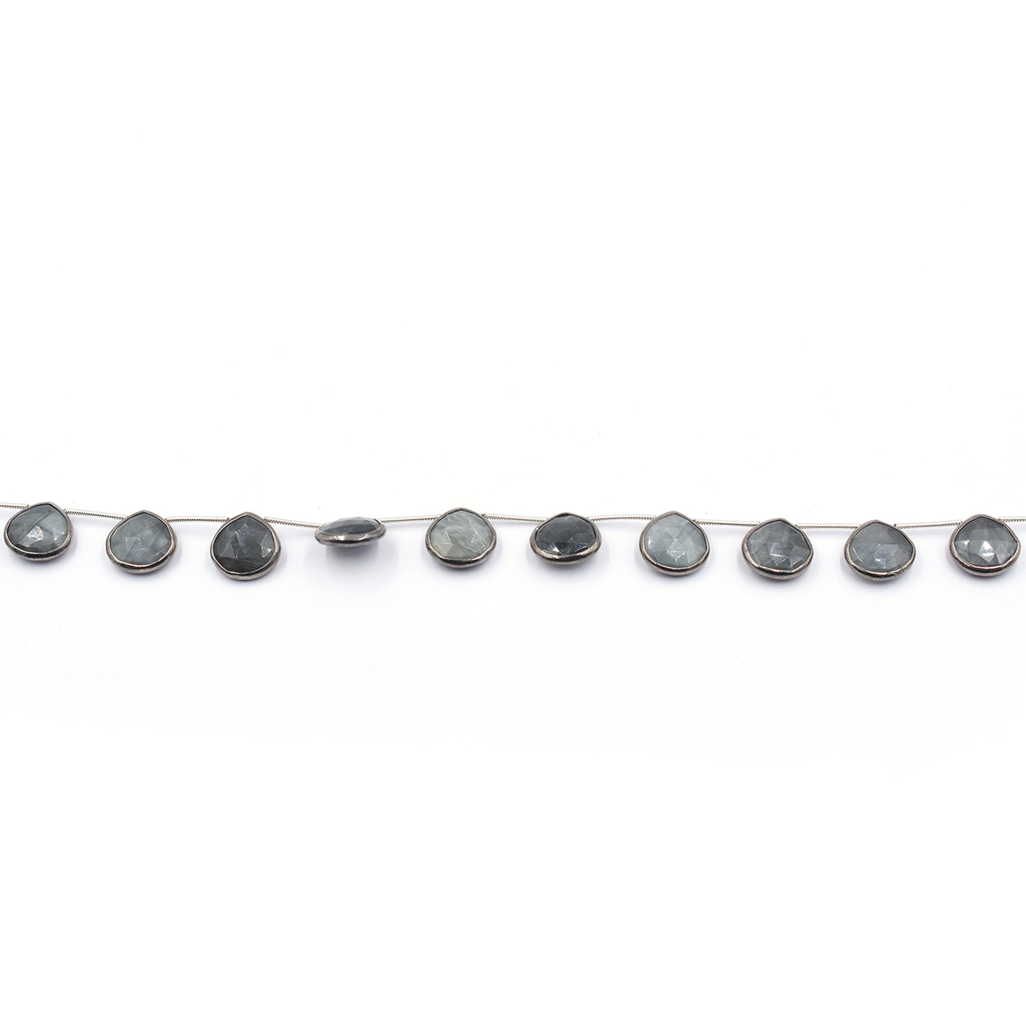Cats Eye 13 MM Heart Shape Silver Bezel Black Rhodium Plated Side Drilled Strand