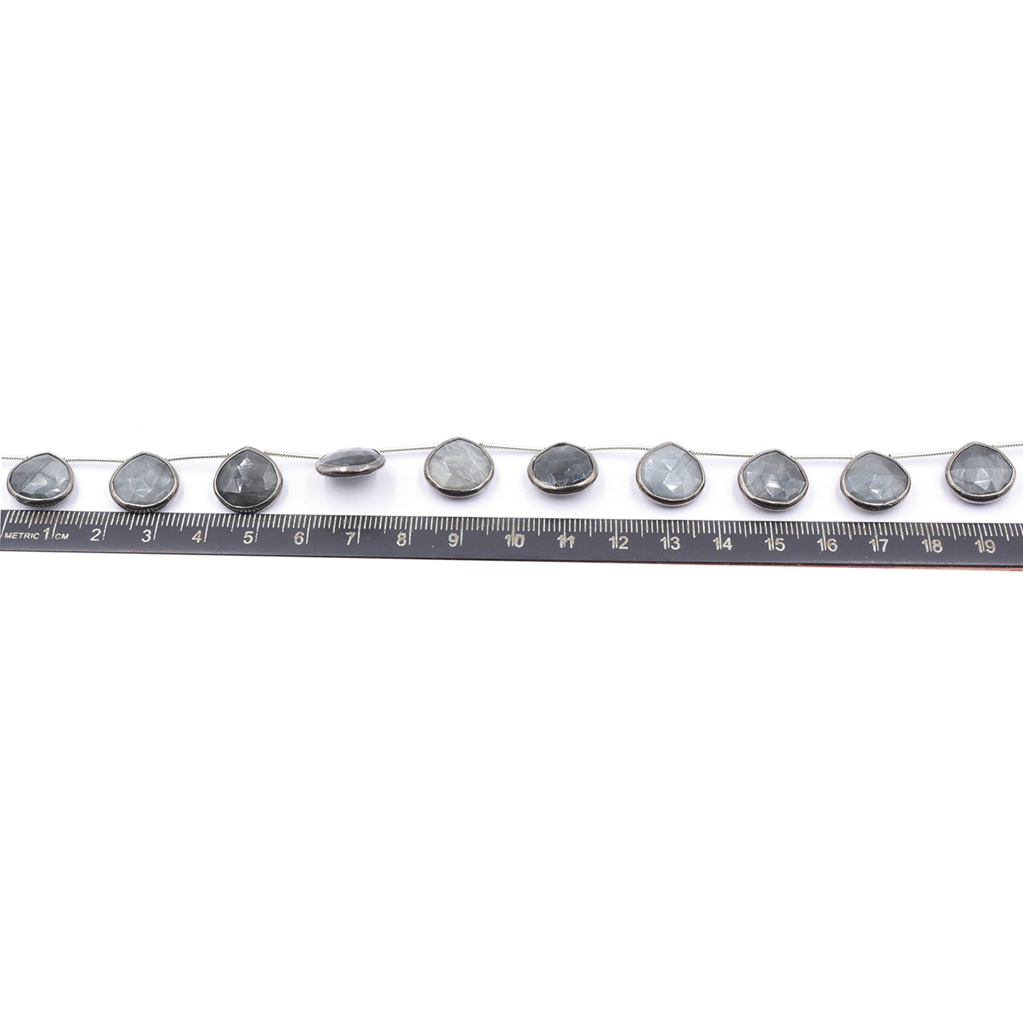 Cats Eye 13 MM Heart Shape Silver Bezel Black Rhodium Plated Side Drilled Strand