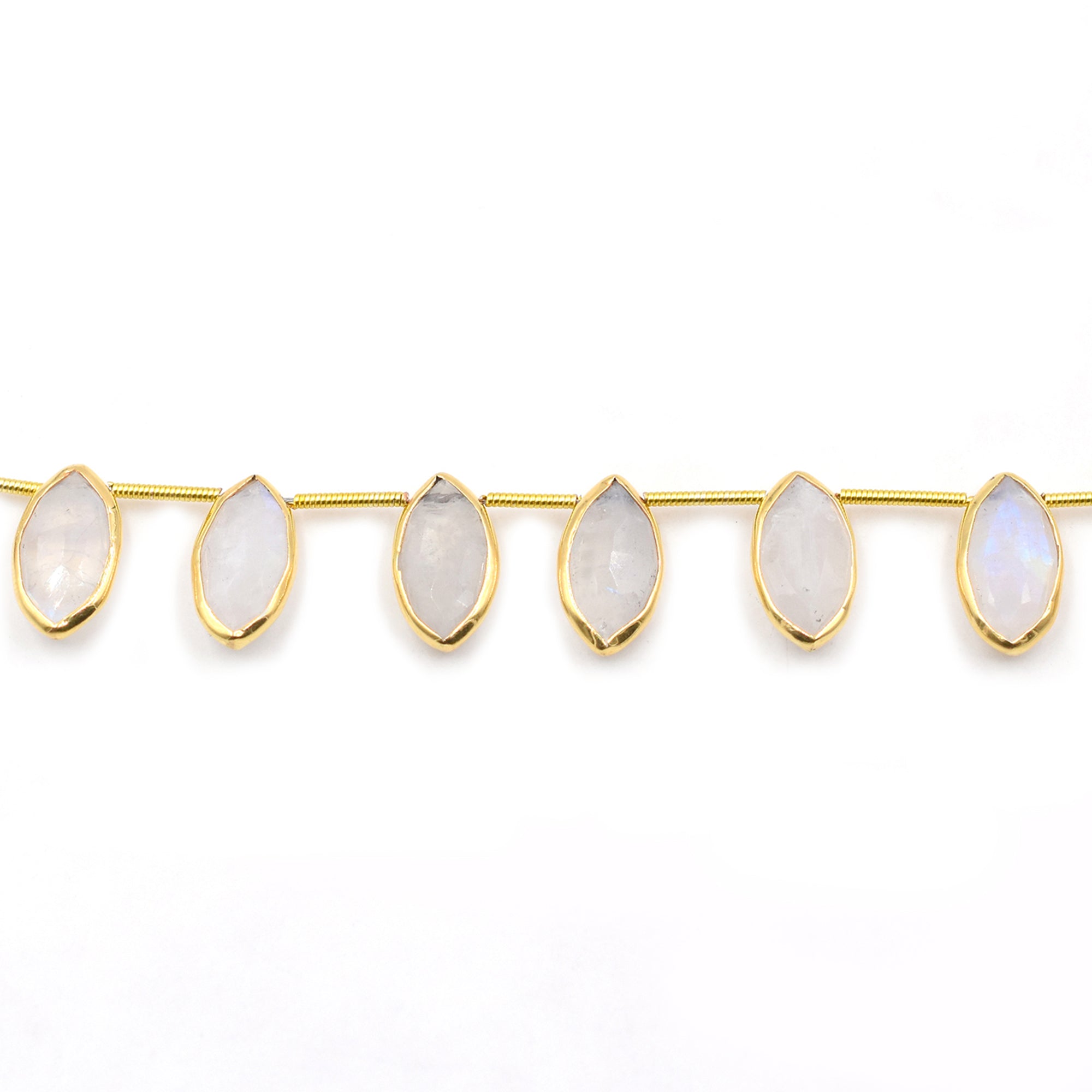 Rainbow Moonstone 15X8 MM Marquise Shape Silver Bezel Vermeil Side Drilled Strand