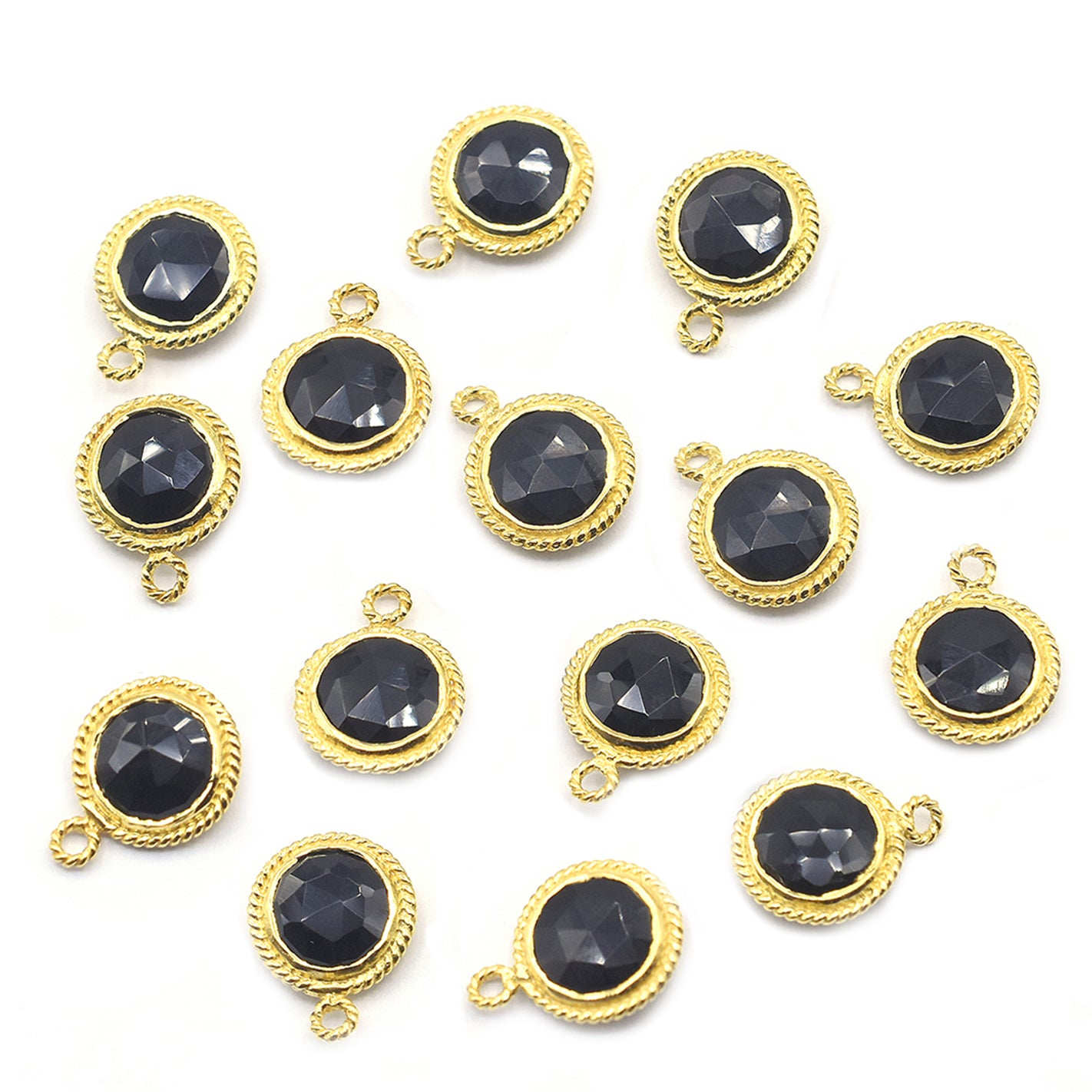 Black Onyx 8 MM Round Shape Twisted Wire Silver Bezel Vermeil Pendant (Set Of 2 Pcs) - Jaipur Gem Factory