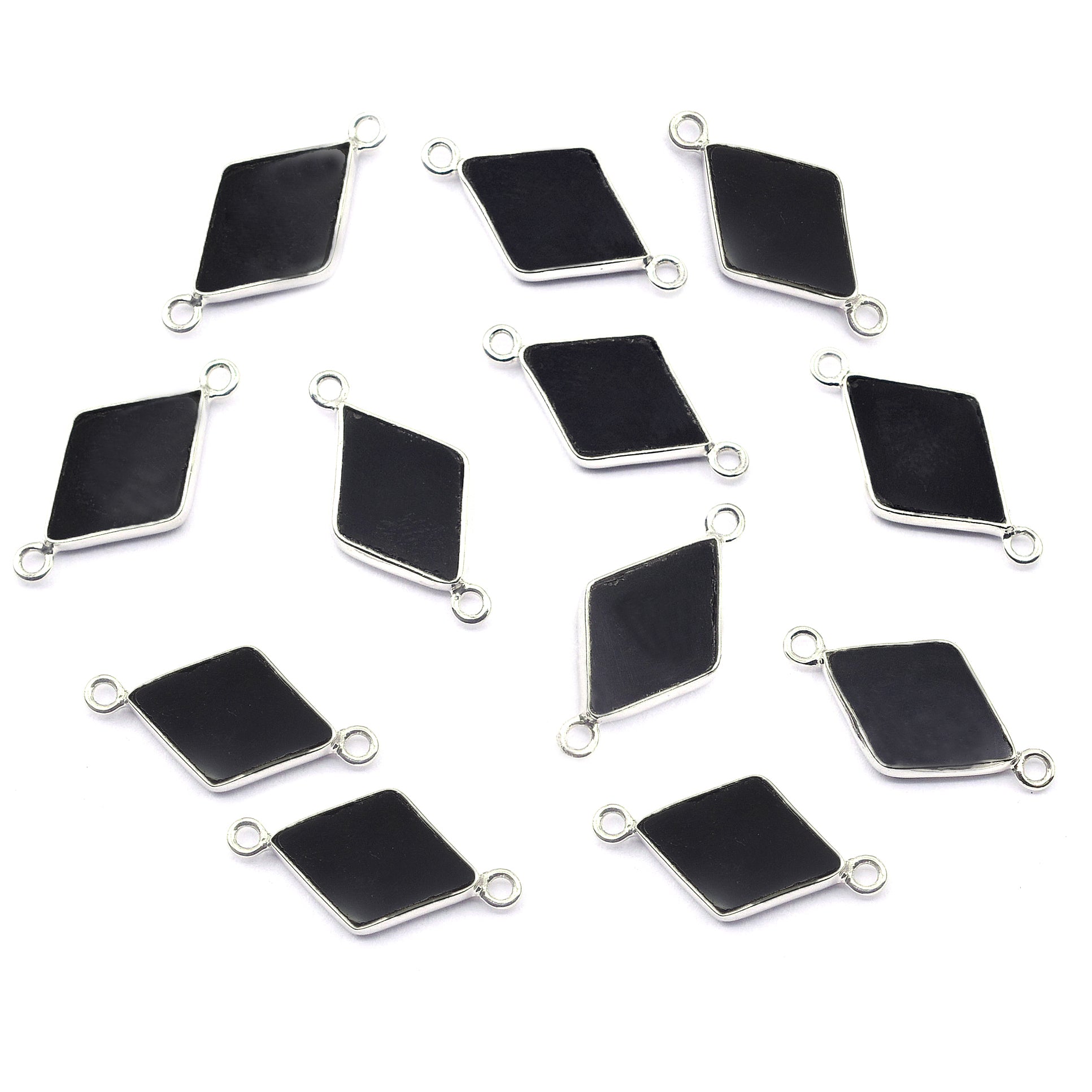 Black Onyx 18X10 MM Diamond Shape Silver Bezel Rhodium Plated Connector - Jaipur Gem Factory