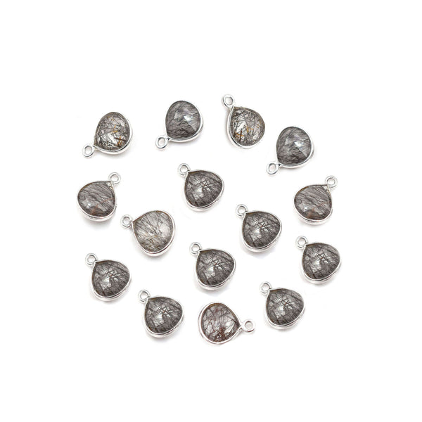 Black Rutilated Quartz 8X8 MM Heart Shape Silver Bezel Rhodium Plated Pendant (Set Of 2 Pcs) - Jaipur Gem Factory