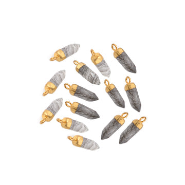 Black Rutilated Quartz 13X5 MM Bullet Shape Gold Electroplated Pendant (Set Of 2 Pcs)