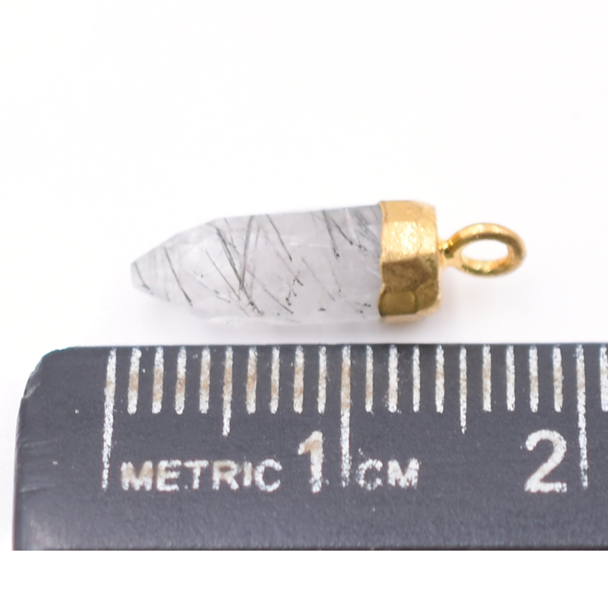 Black Rutilated Quartz 13X5 MM Bullet Shape Gold Electroplated Pendant (Set Of 2 Pcs)