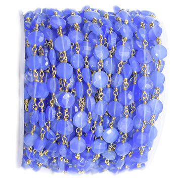Blue Chalcedony 6 To7 MM Faceted Coin Sterling Silver Vermeil Rosary Wire Wrap Chain Sold by Foot - Jaipur Gem Factory