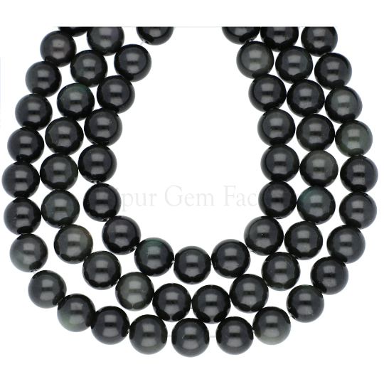 12 MM Rainbow Black Obsidian Smooth Round Beads 15 Inches Strand