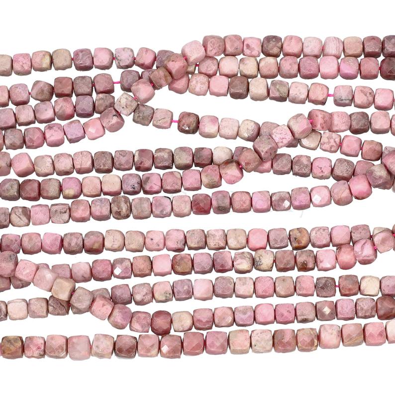 Pink Rhodonite 4X4 MM Faceted Cube Shape Beads Strand
