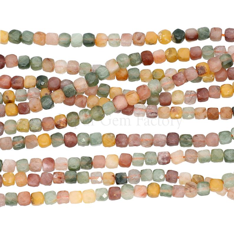 Mix Gemstone 4X4 MM Faceted Cube Shape Beads Strand