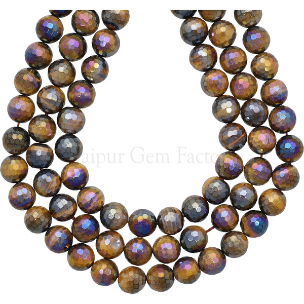 10 MM Mystic Coated Tiger Eye Faceted Round Beads 15 Inches Strand