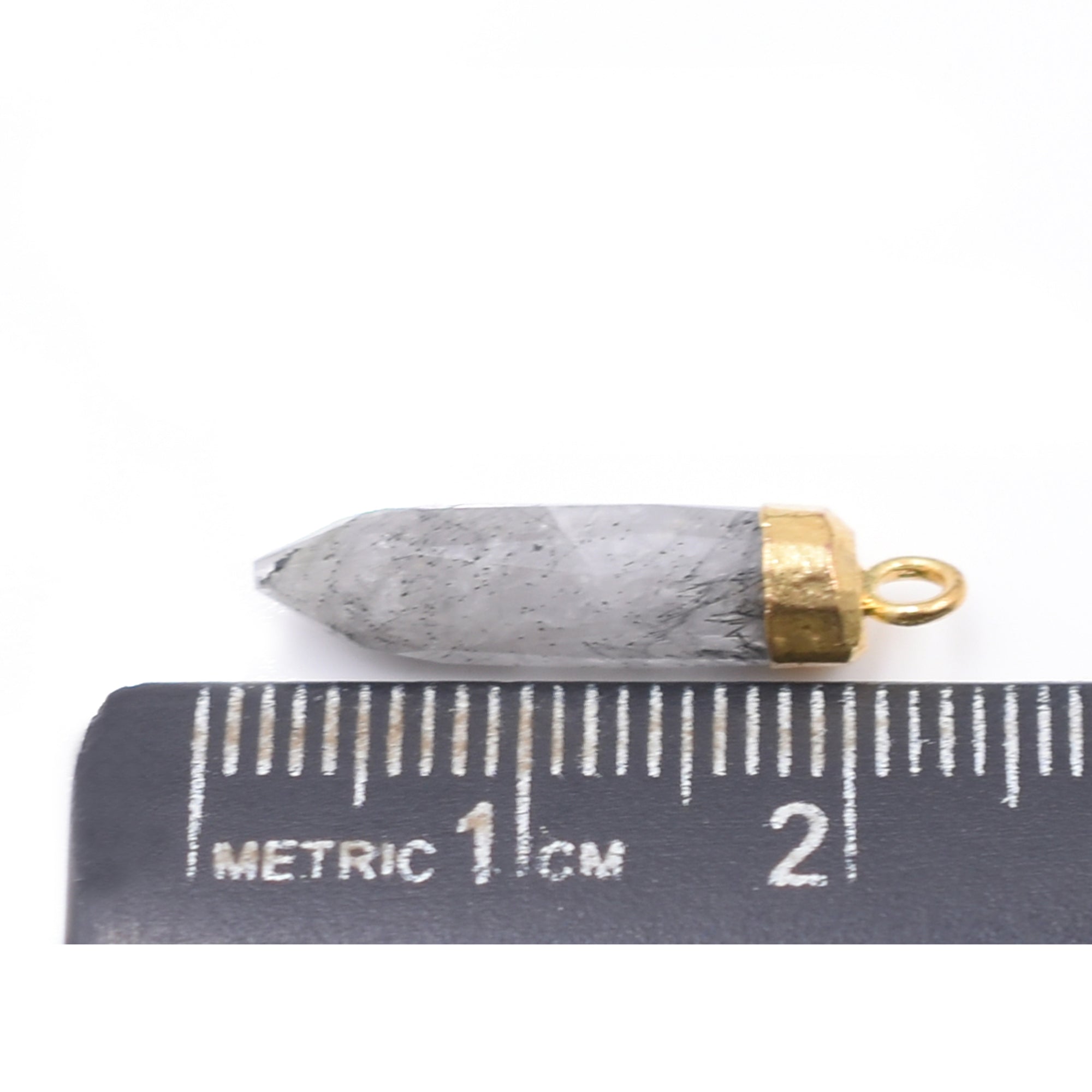 Black Rutilated Quartz 19X5 MM Bullet Shape Gold Electroplated Pendant