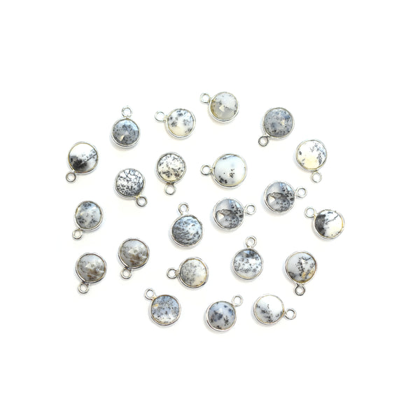 Dendritic Opal 8 MM Round Shape Silver Bezel Rhodium Plated Pendant (Set Of 2 Pcs) - Jaipur Gem Factory