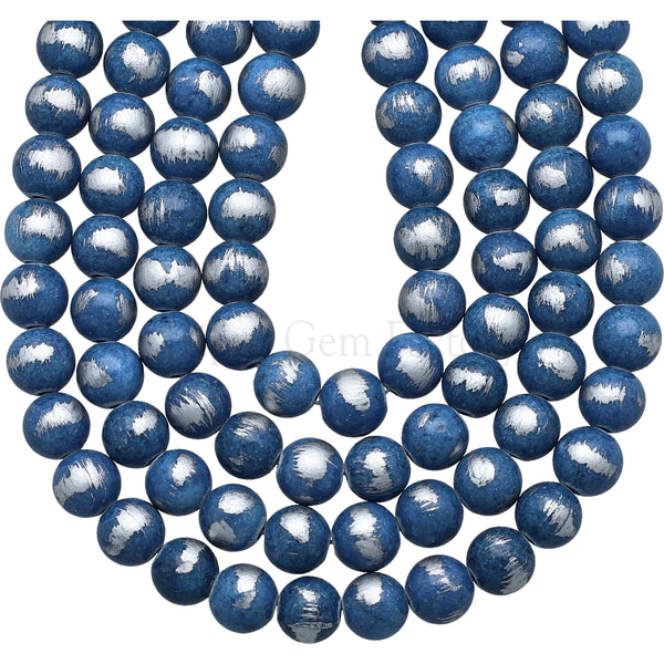 8 MM Denim Blue Silver Leafed Jade Smooth Round Beads 15 Inches Strand