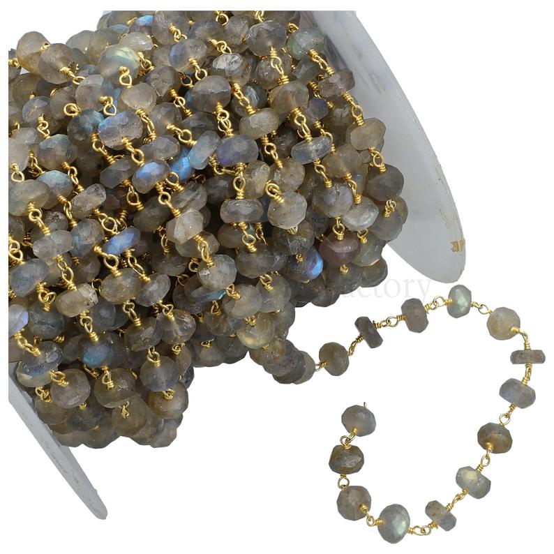 Faceted Labradorite Rondelle Beads Gold Plated Chain
