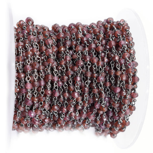 Garnet 3 To 4 MM Faceted Rondelle Sterling Silver Black Oxidized Rosary Wire Wrap Chain Sold by Foot - Jaipur Gem Factory