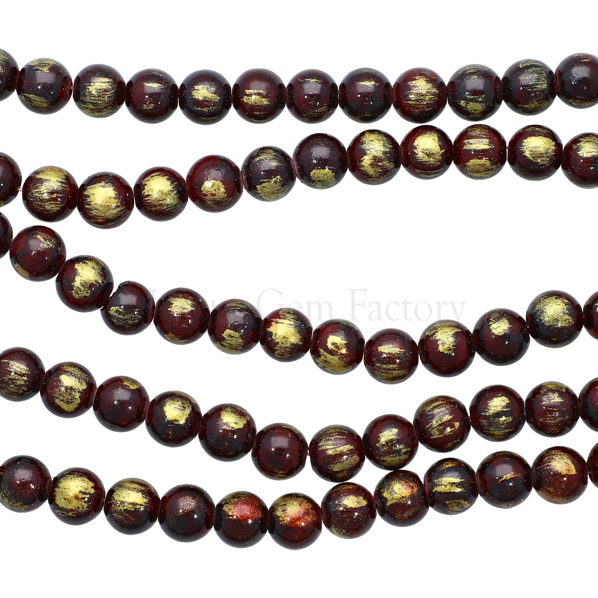 8 MM Gold Leafed Dyed Maroon Jade Smooth Round Beads 15 Inches Strand