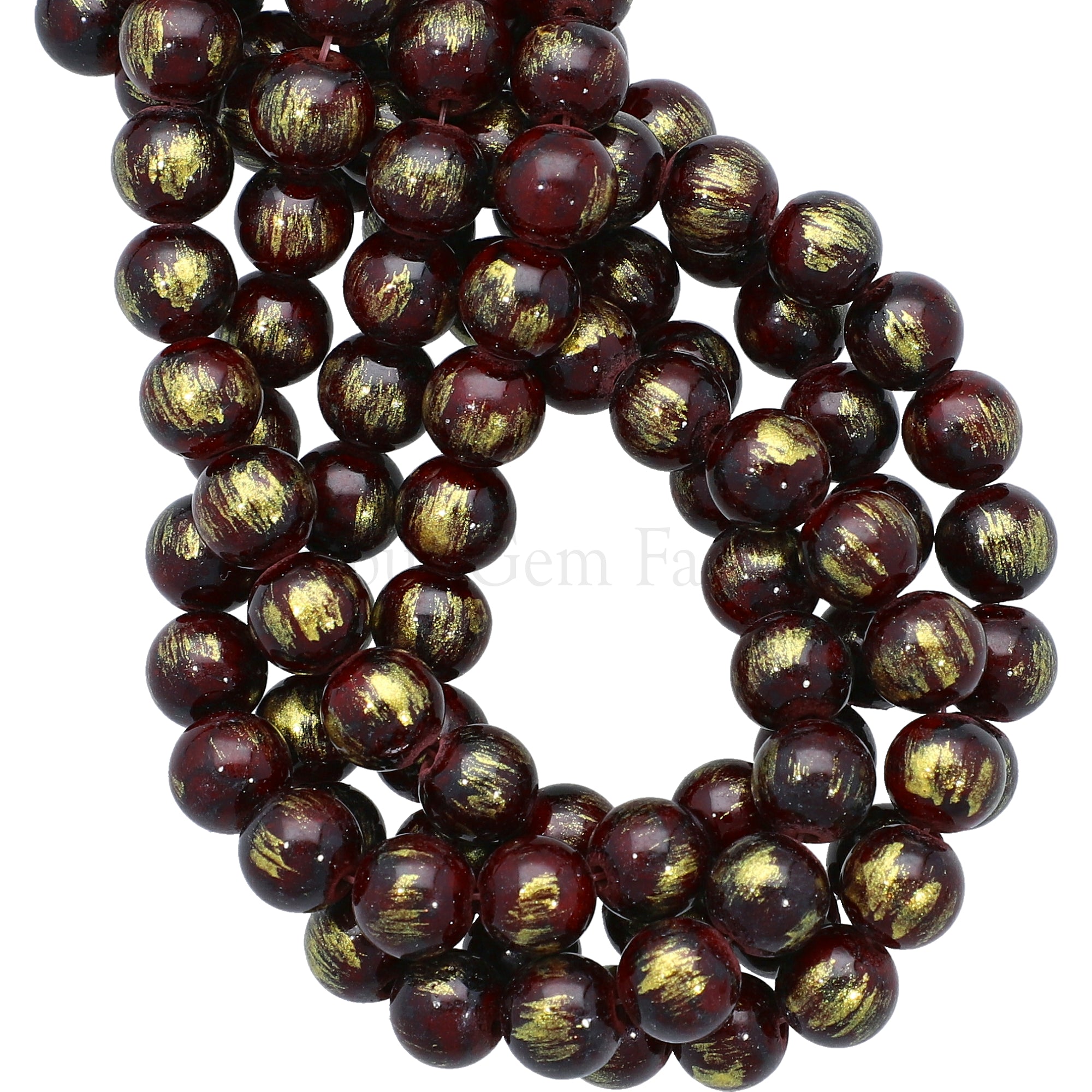 8 MM Gold Leafed Dyed Maroon Jade Smooth Round Beads 15 Inches Strand