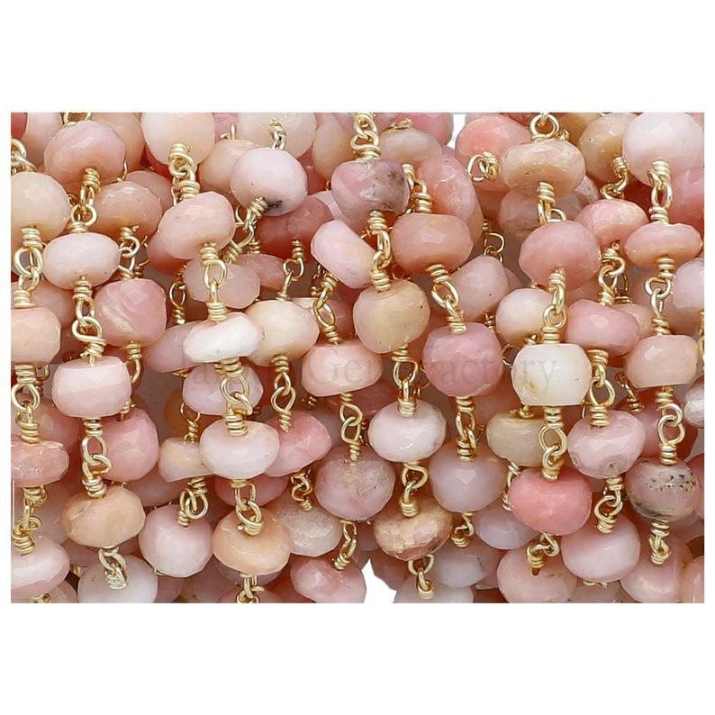 Gold Plated Wire Wrapped Chain with Pink Opal Beads
