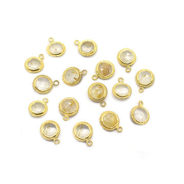 Golden Rutilated Quartz 8 MM Round Shape Twisted Wire Silver Bezel Vermeil Pendant (Set Of 2 Pcs) - Jaipur Gem Factory