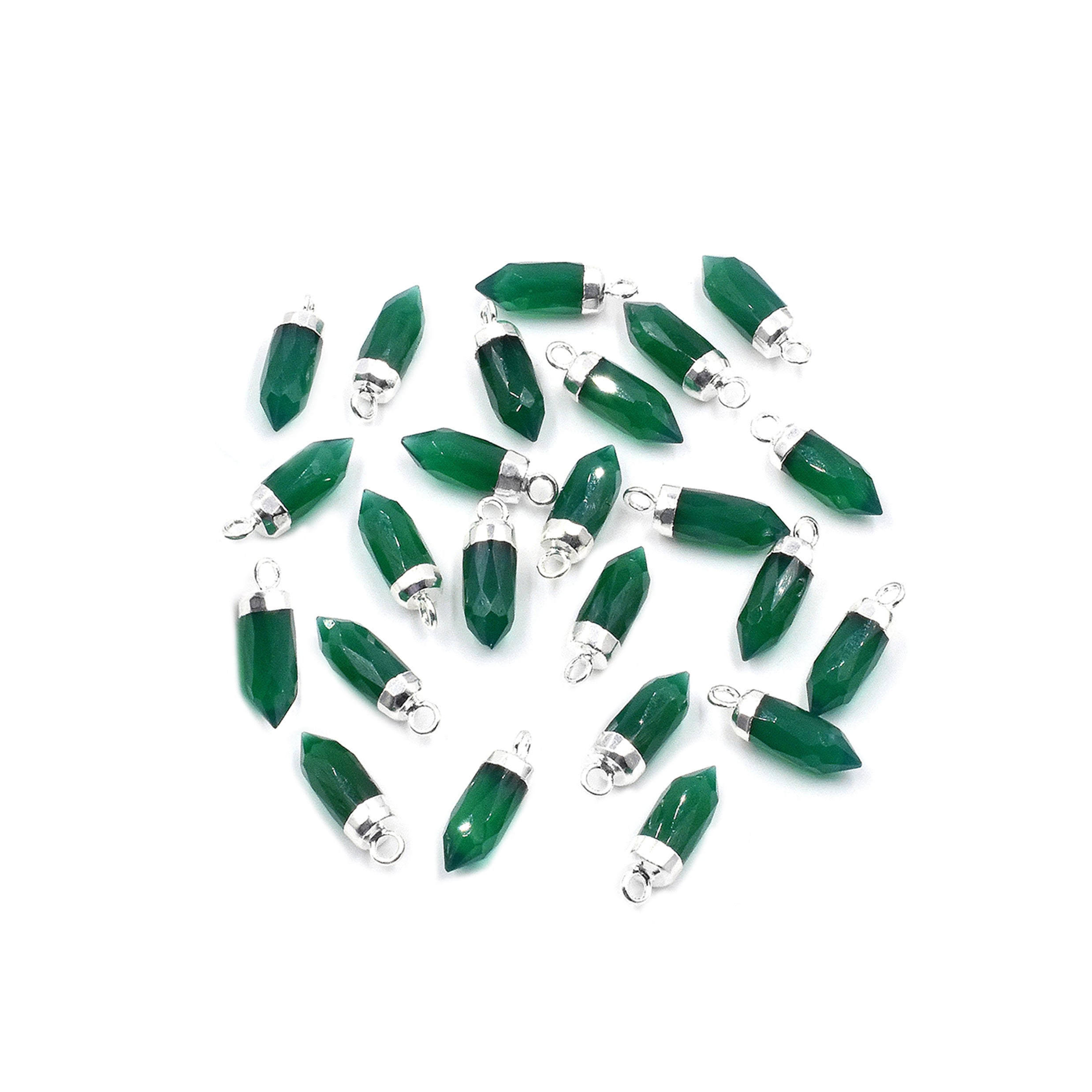 Green Onyx 13X5 MM Bullet Shape Rhodium Electroplated Pendant (Set Of 2 Pcs) - Jaipur Gem Factory
